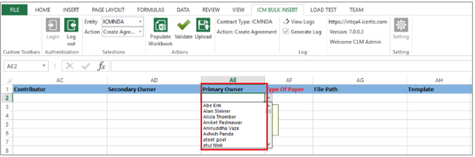 Upload Agreements in Bulk Usign Excel Add-in - Specify the Primary Owner Name