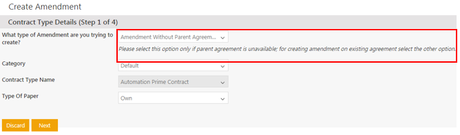 Create Amendment without parent Agreement