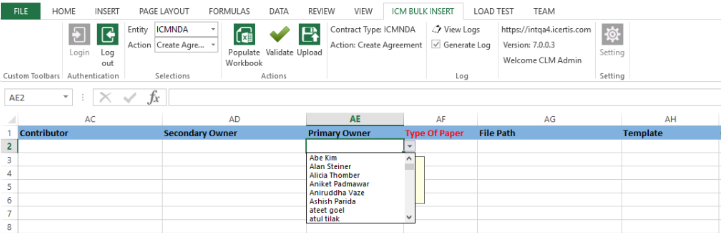 Adding a Primary Owner Using ICM Bulk Insert in Excel Add-in