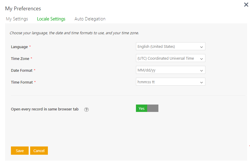 My Preferences - Locale Settings